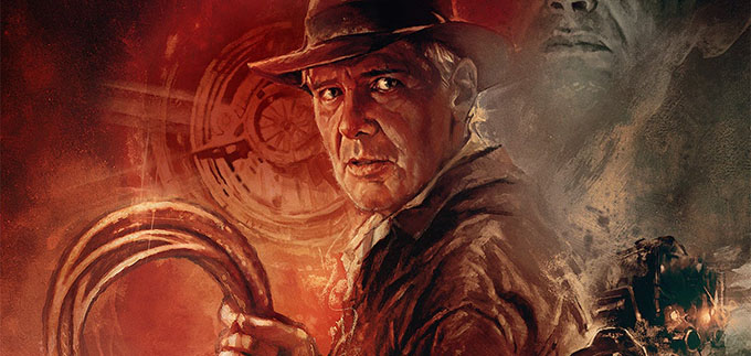 Indiana Jones and the Dial of Destiny, cropped movie poster showing Indiana Jones holding a whip.