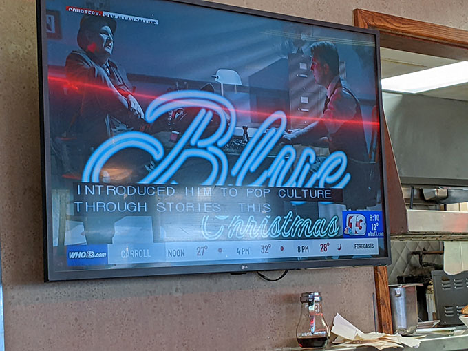 Blue Christmas coverage on TV at the Drake Diner