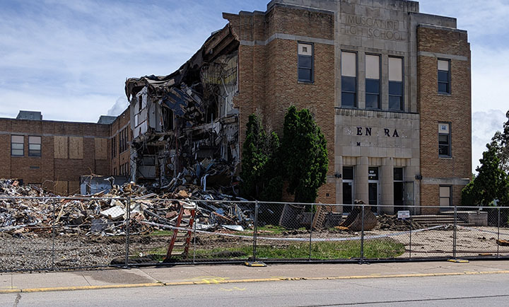 Muscatine High School mid-demolishing.